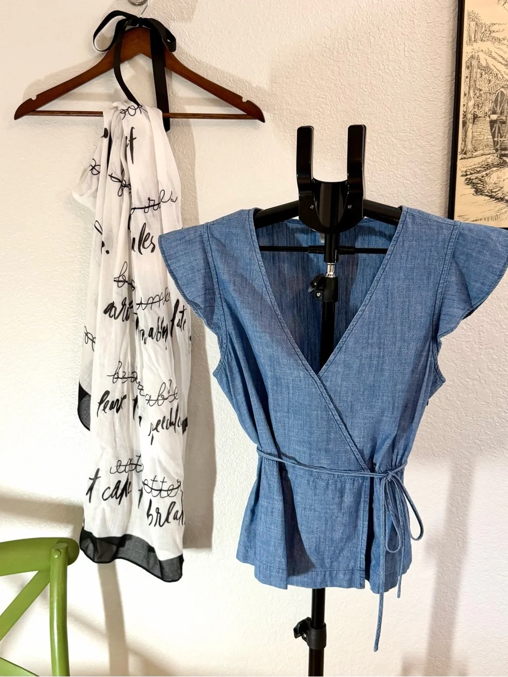 J by J.Crew Chambray Faux Wrap Flutter Sleeve Tie Waist Top Size 10